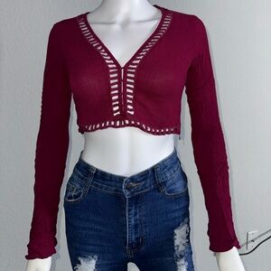 Open V-Neck Long Sleeve Crop Top